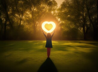 Silhouetted girl holds glowing heart-shaped light in enchanted forest park at golden hour. Magical atmospheric scene with warm sunbeams filtering through trees creates dreamy, romantic mood.
