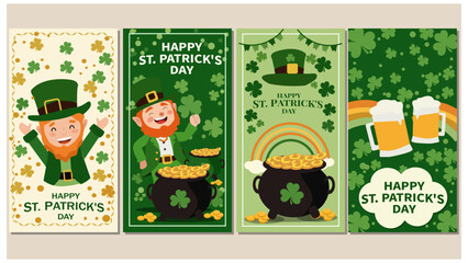 Four Joyful St. Patrick's Day Illustrations with Leprechauns, Shamrocks, and Gold