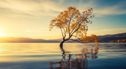 Golden tree reflected on still lake at sunrise