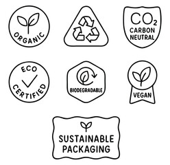 Black and White Outline Vector Icon Set of Eco-Friendly Badges and Labels – Minimalist Hand-Drawn Environmental Icons