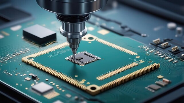 Close up of a microchip being tested with a probe on a green circuit board in a technology setting