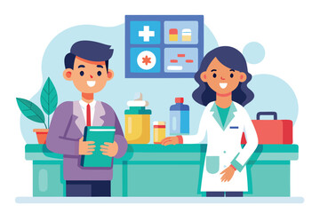 Pharmacist assists customer in colorful pharmacy setting during daytime, engaging in conversation about health and medication options