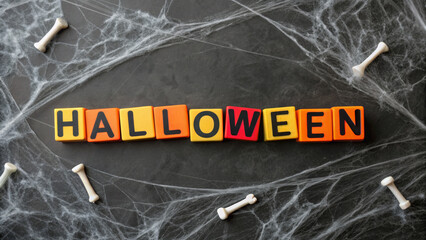 Halloween mockup scene with spooky decorations. Colorful Halloween letters on a dark background surrounded by spider webs and bones.
