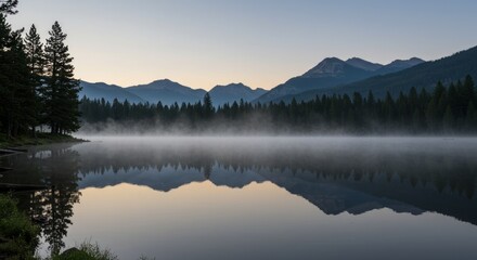 Calm lake reflects silhouetted trees and mountains, with mist hugging the water's surface under a soft, pre-dawn sky