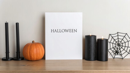 Halloween mockup scene with spooky decorations. Halloween-themed decor with a pumpkin, candles, and a spider web on a wooden surface.