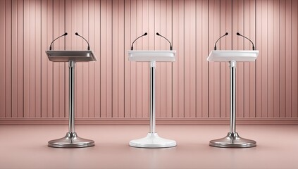 Three adjustable podiums with microphones in a room.