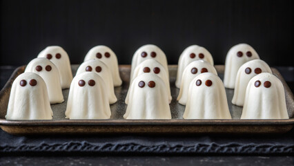 Halloween mockup scene with spooky decorations. Ghost-shaped desserts arranged on a tray, featuring chocolate eyes, perfect for Halloween treats.