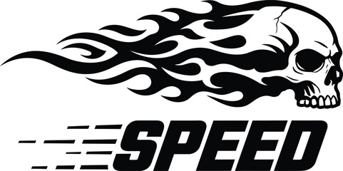 Flaming Skull Speed Typography Vector Icon in Black and White