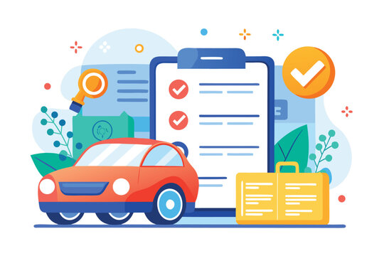 Checklist for vehicle inspection highlighting car maintenance tasks with a clipboard in a modern and colorful design