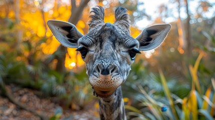 Giraffe face close-up with forest backdrop, sun glow through trees, animal portrait