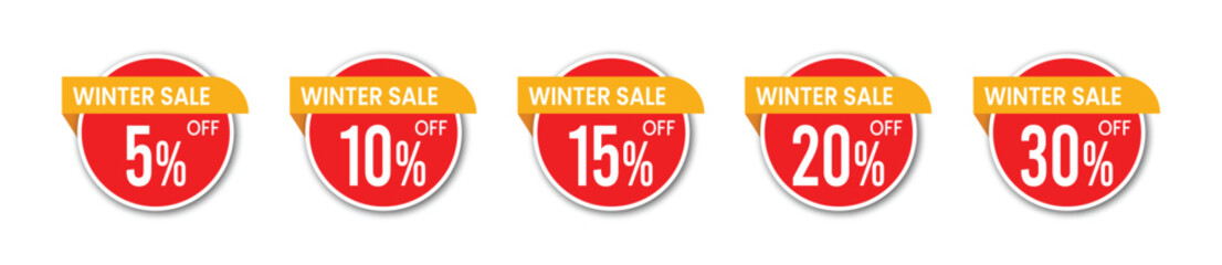 Winter sale vector badges, percent discount vector icons, seasonal offer label pack