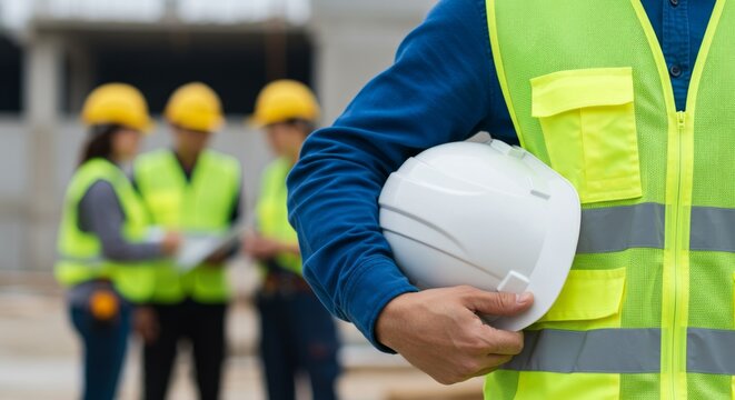 Close-up of a construction worker in a lime green safety vest holding a white hard hat, with blurred colleagues in the background at a construction site