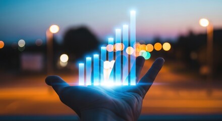Hand holding glowing upward bar graph against night cityscape