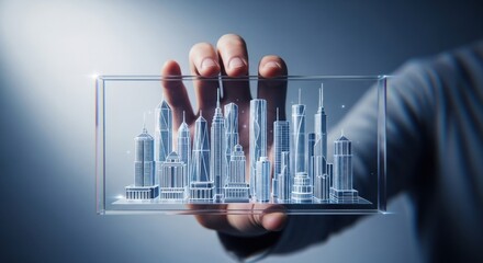 Hand holding a holographic city model