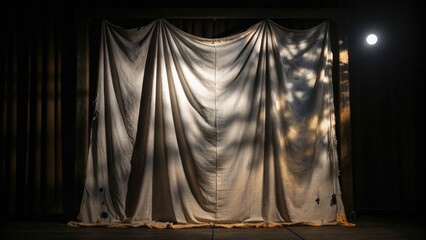 Halloween mockup scene with spooky decorations. A draped curtain illuminated by soft light, creating a dramatic stage atmosphere.