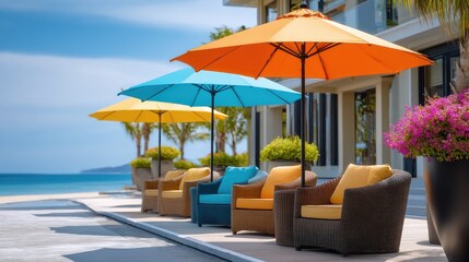 Colorful umbrellas shade comfortable chairs by the beachside resort overlooking calm blue waters
