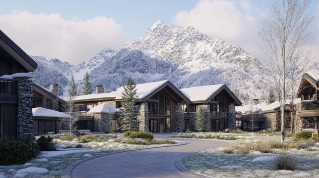 Snowy mountain chalet village