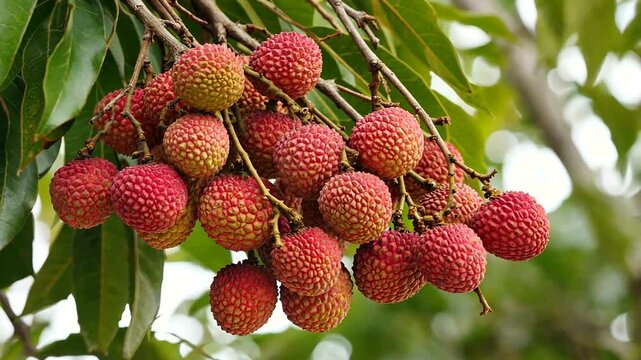 A vibrant cluster of ripe lychee fruits hanging from a lush green tree in a tropical garden