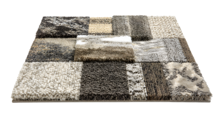 Recycled content carpet tile, varied pile height, geometric pattern, muted tones, isolated on Transparent background