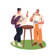 Men friends eating street food outdoors. Young male characters standing by table outside with snacks, relaxing in park on summer holiday, leisure. Flat vector illustration isolated on white background