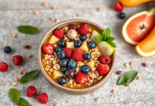 Vibrant maca bowl with colorful fruits & grains ,   food styling,   amaranth