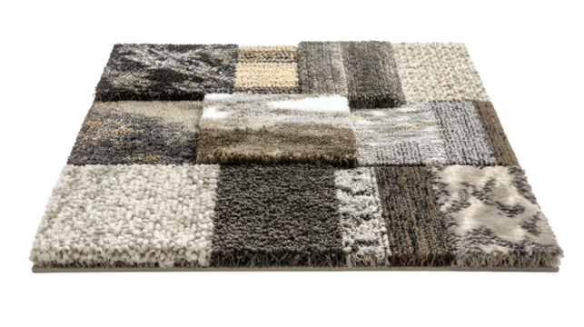 Recycled content carpet tile, varied pile height, geometric pattern, muted tones, isolated on Transparent background