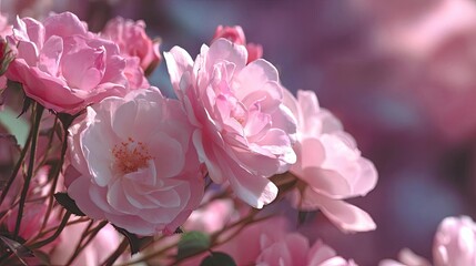 Obraz premium Centifolia rose with floral tempo concept. A close-up view of beautiful pink roses in a soft focus.
