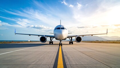 Modern airplane on runway ready for takeoff with blue sky and clouds backdrop