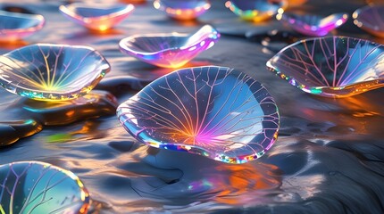 transparent glass leaves with glowing vein-like circuits background