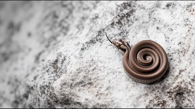 A small brown snake is tightly coiled on a textured white and gray rock surface.