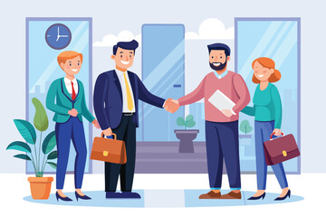Business professionals welcoming new staff with a handshake in a modern office setting during the day
