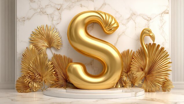 Gold letter S, tropical leaves, and flamingo, on a marble pedestal.
