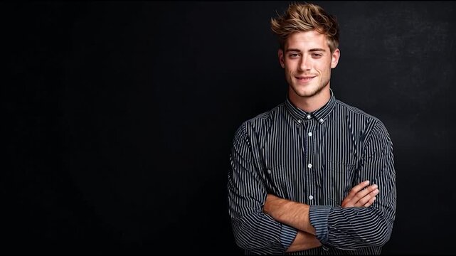 A young man with styled hair and a striped shirt stands confidently against a plain black background, smiling with arms crossed.