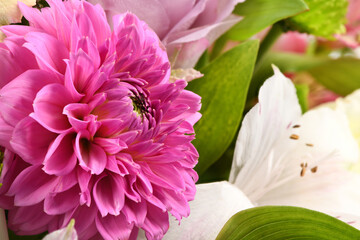 Bouquet of flowers, chrysanthemum, rose, lily, carnation.