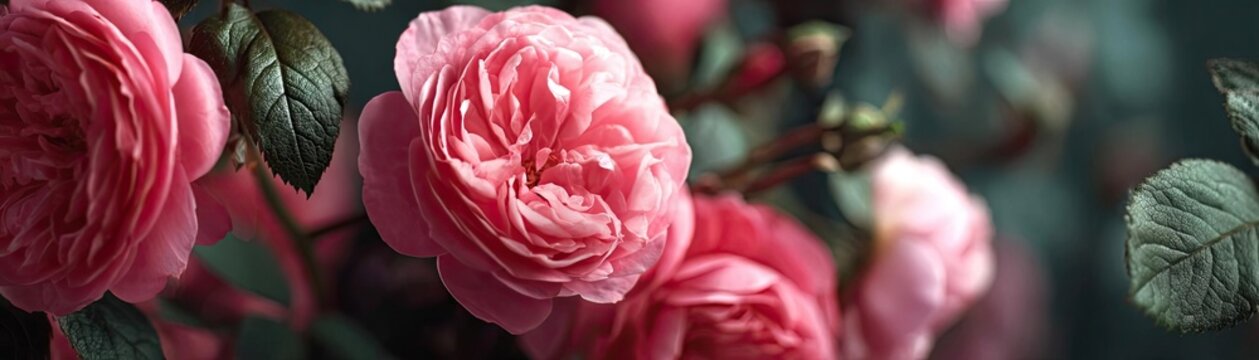 Centifolia rose with floral tempo concept. Beautiful pink roses blooming softly in a serene environment.