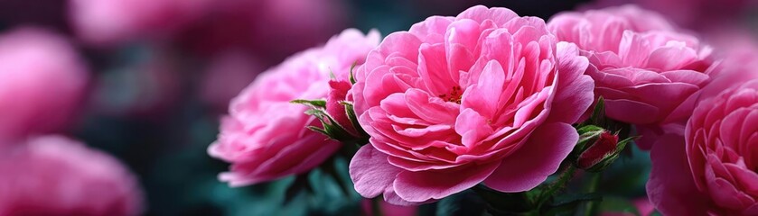 Centifolia rose with floral tempo concept. Lush pink roses blooming vibrantly in a serene garden setting.