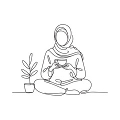 SEO Title (অ্যাডোবি স্টকের জন্য): Minimalist Line Art of a Woman Drinking Tea beside a Potted Plant — Peaceful and Elegant Continuous Line Drawing for Relaxation and Modern Aesthetic Themes