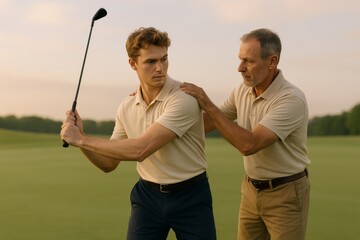 Young white man in soft navy pants and cream athletic top. Standing in semi-swing position while an older male coach gently places her hands on his shoulders to guide alignment. Golf learning