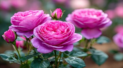 Obraz premium Centifolia rose with floral tempo concept. Vibrant pink roses blooming in a beautiful garden setting.