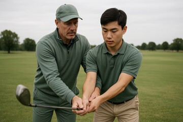 Middle aged white male coach standing behind a young East Asian man. Both holding same club, trainers hands gently placed over the student's for guided movement. Golf learning