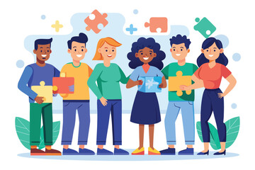 Collaboration and problem-solving in a business teamwork setting with diverse individuals engaged in a puzzle-themed activity