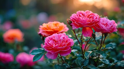 Fototapeta premium Centifolia rose with floral tempo concept. Beautiful blooming roses in varying shades during sunset.