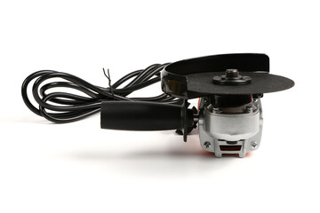 Powerful angle grinder with abrasive disk isolated on a white background.