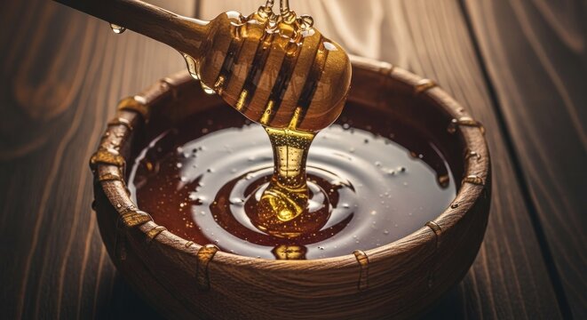 Honey dripping from wooden dipper into bowl