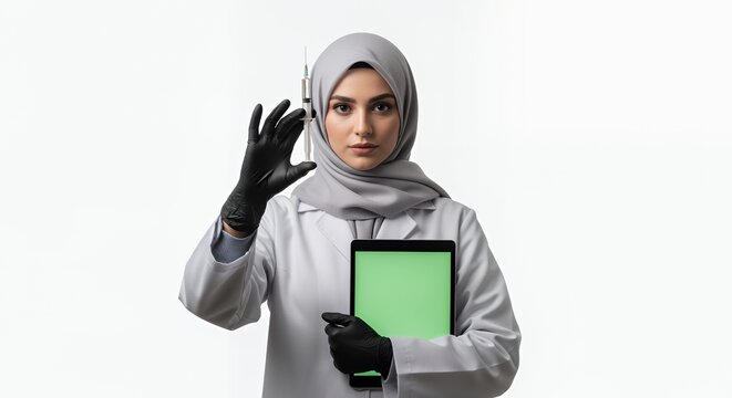 Muslim Female Doctor with Tablet and Syringe