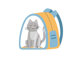 A cat in the carrier. Concept of travel with pet. Illustration of cat sitting in the carrier. Vector flat clipart.