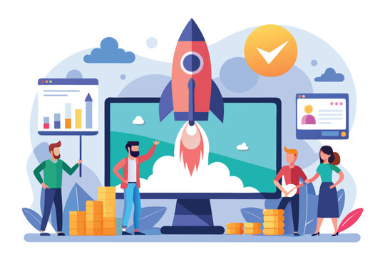 Business startup concept featuring a cartoon team launching a rocket from a computer screen amid charts and cityscape with financial elements
