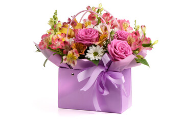 A bouquet and a violet bag with handles white background. Bouquet of flowers, chrysanthemum, rose, lily, carnation.