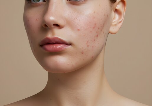 Portrait of a Young Woman with Acne in a Minimalist Studio Setting