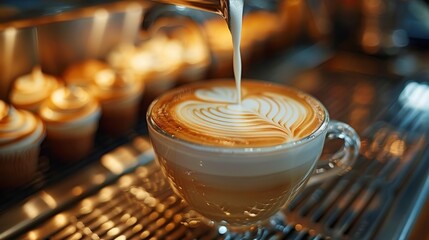 Latte art being poured into a cup, cupcakes in background, metallic surface